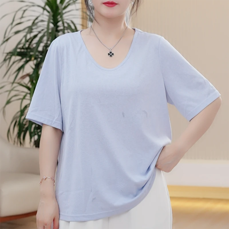 轻氧天竹棉鹅蛋领T恤女夏季轻薄透气简约净版雪花质感百搭上衣