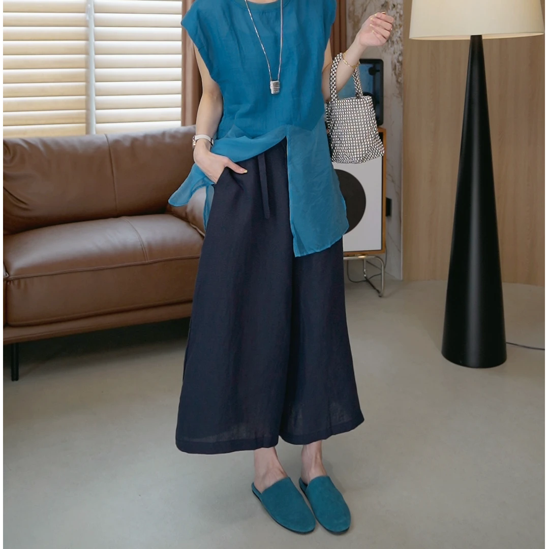 少量【薇薇绮】时尚麻料百搭绑带阔腿裤八分裤显瘦裤2025夏季 D687