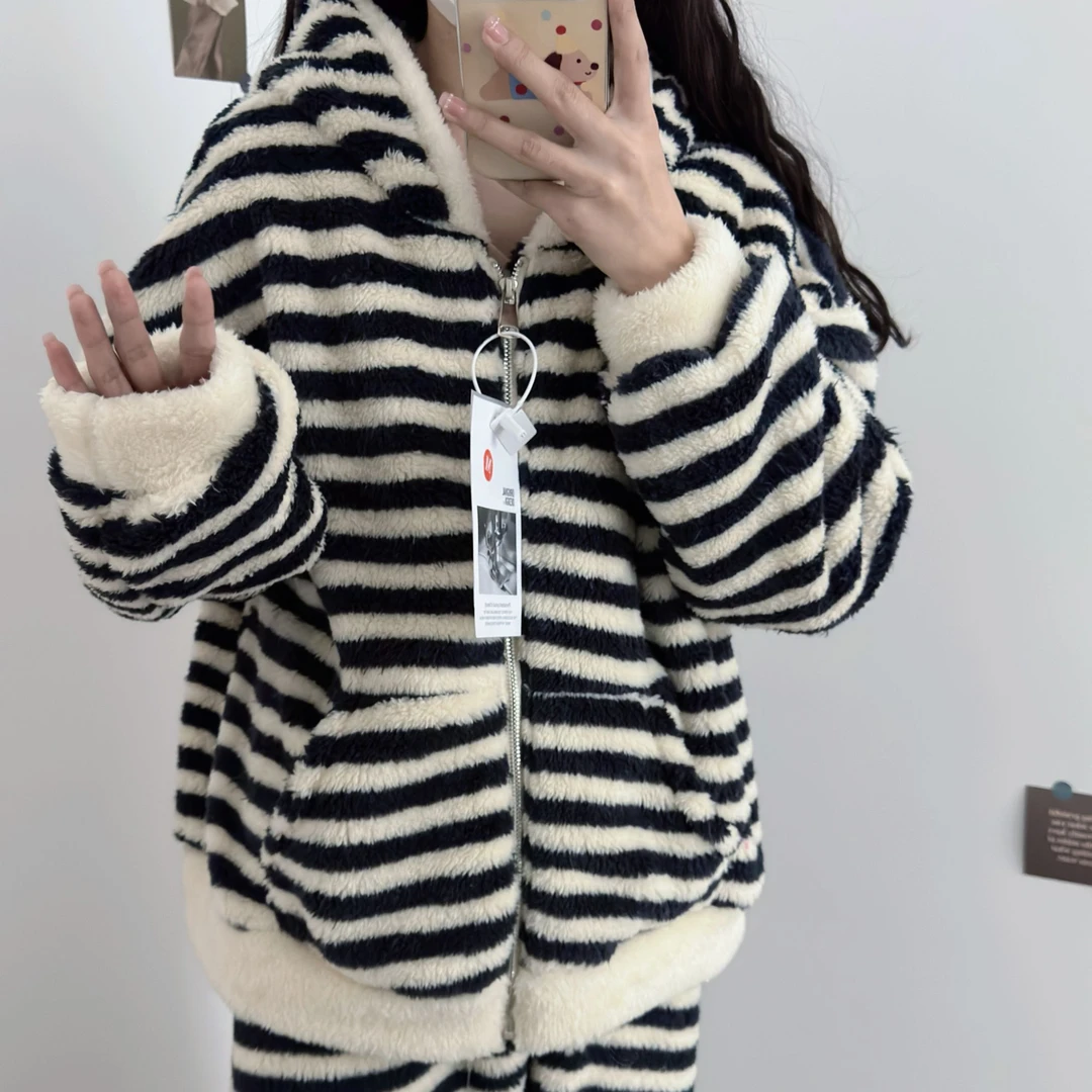珊瑚绒条纹连帽加厚拉链宽松百搭家居服套装女慵懒风舒适套装