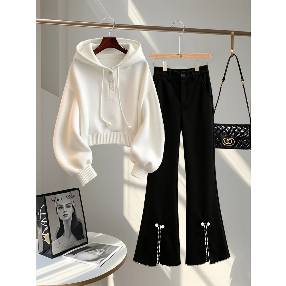 韩版网红时尚套装2025秋季新款爆款洋气显瘦连帽上衣气质微喇裤女