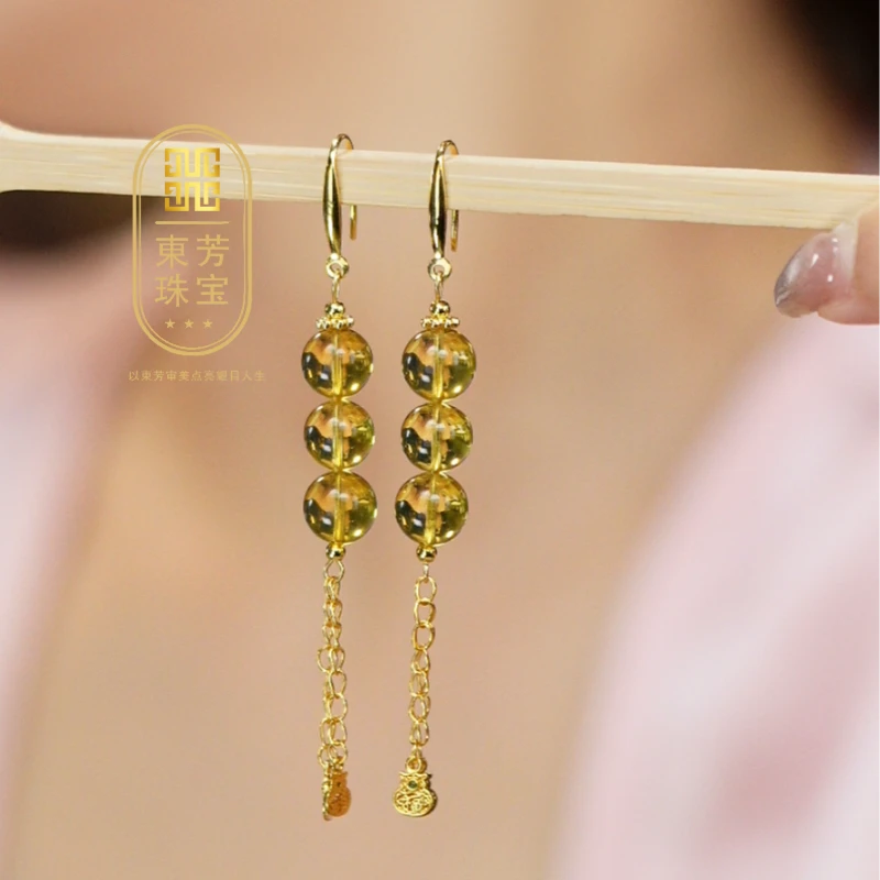 東芳珠宝-8mm墨西哥天然蓝珀耳环耳钩S925银镶嵌琥珀耳饰百搭长款