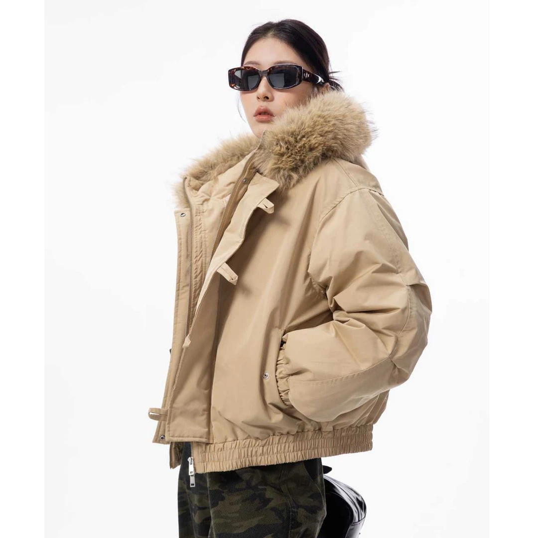 HSNH【加厚牛角扣毛领棉服】冬季厚款宽松型拉链棉外套