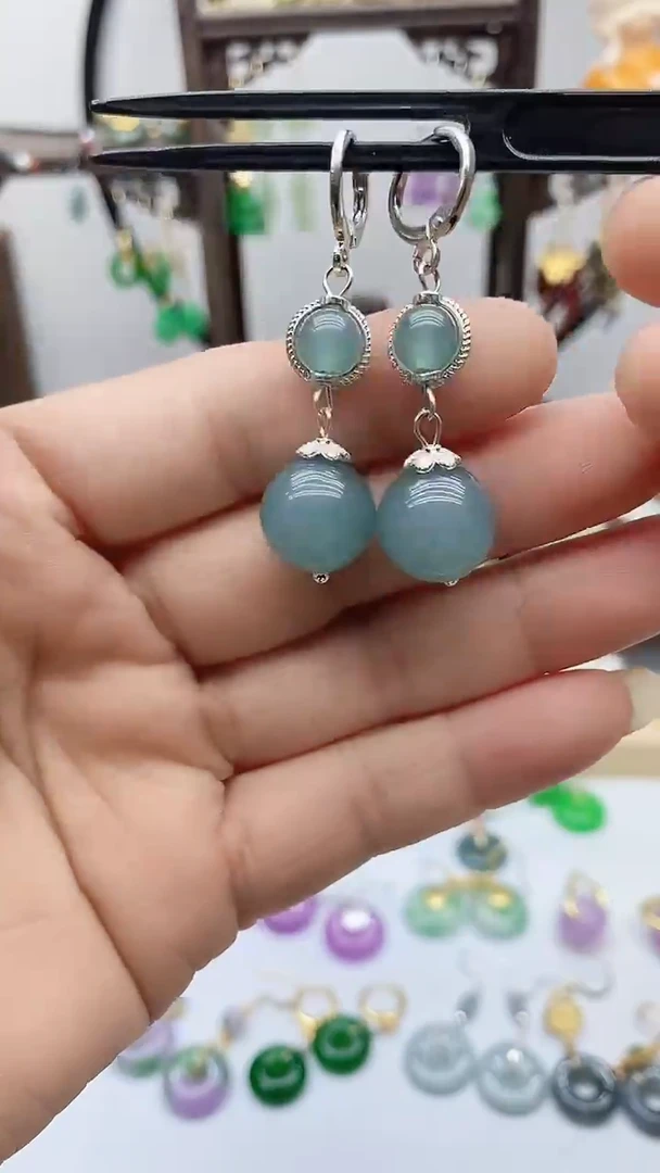 石英质玉（非洲翠）银S925镶嵌耳饰62