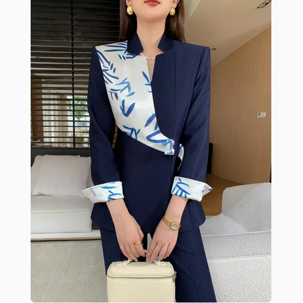 900新款藏青色西装套装女新中式国风高级感职业原创设计师款西服