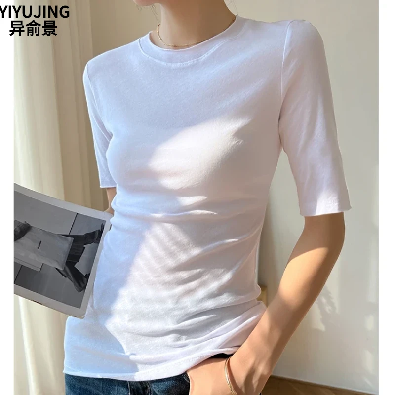 莫代尔白色五分袖女士t恤2025新款夏季紧身女装秋款爆款2025新款