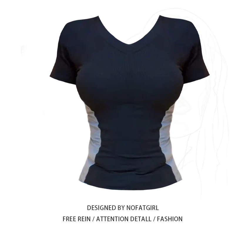 新款2025美式辣妹设计感短袖T恤夏季撞色修身显瘦正肩v领打底上衣