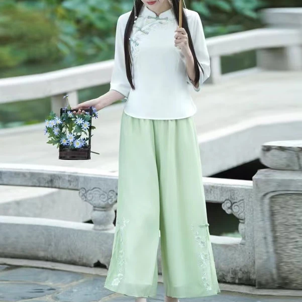 新中式国风立领斜襟手工盘扣修身刺绣短款上衣裤子两件套套装8679