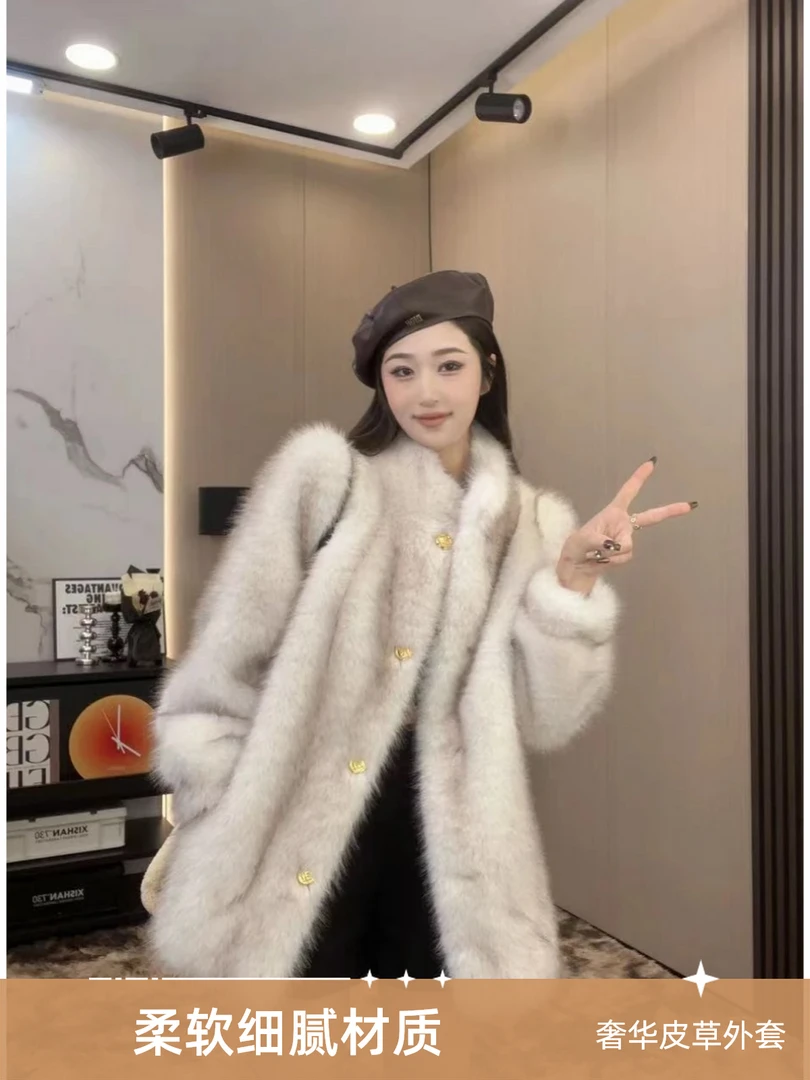 23841常规款外套拼接网红女士长袖人毛毛外套冬季V领气质