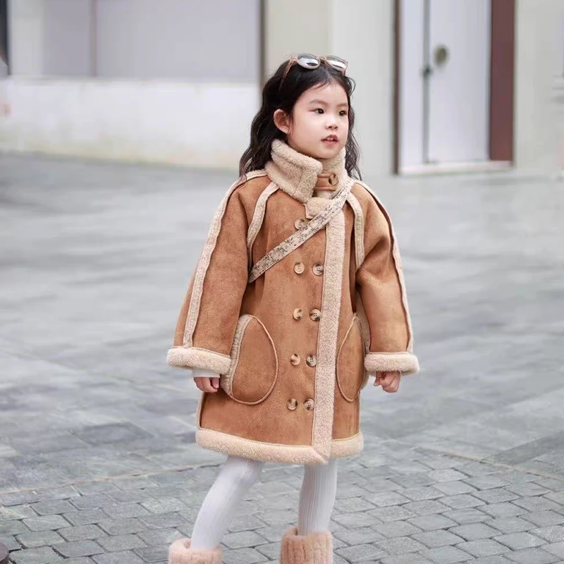 女童麂皮绒仿羊羔毛外套2025冬装加厚两面穿儿童皮毛一体大衣长款