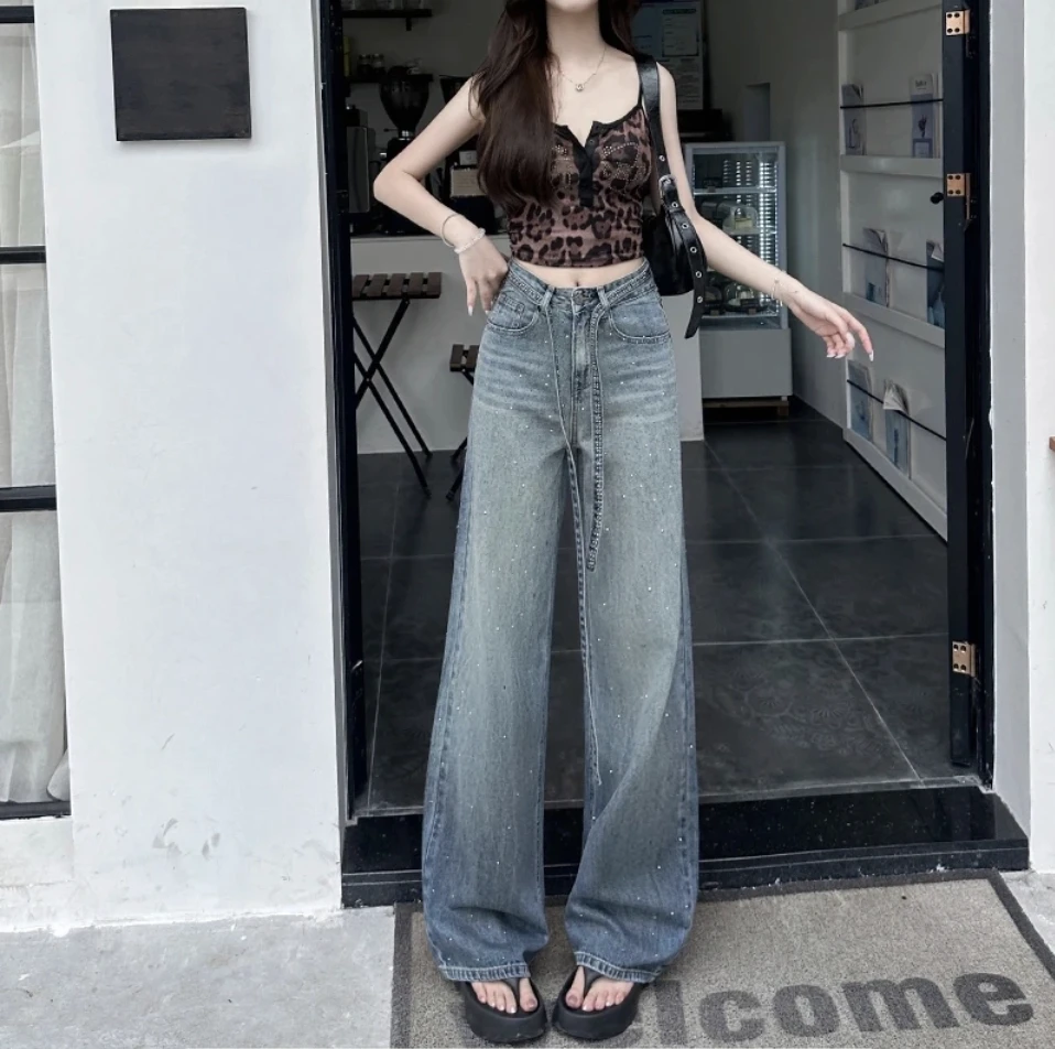 【运费险+腰带】满天星渐变色烫钻夏季薄款休闲宽松阔腿女牛仔裤700