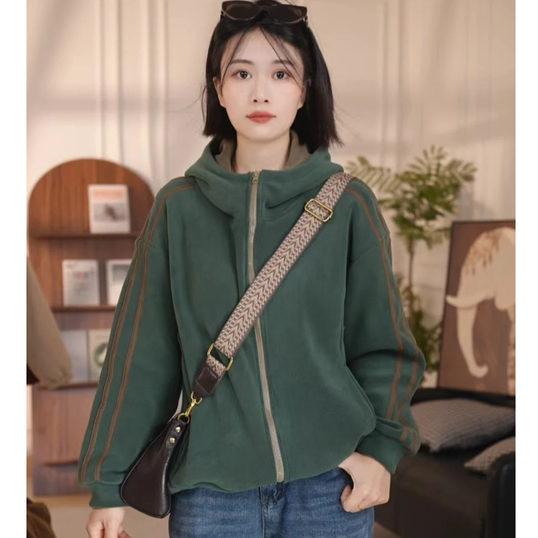 新款时尚百搭加绒连帽外套女显瘦减龄休闲上衣洋气卫衣潮拉条