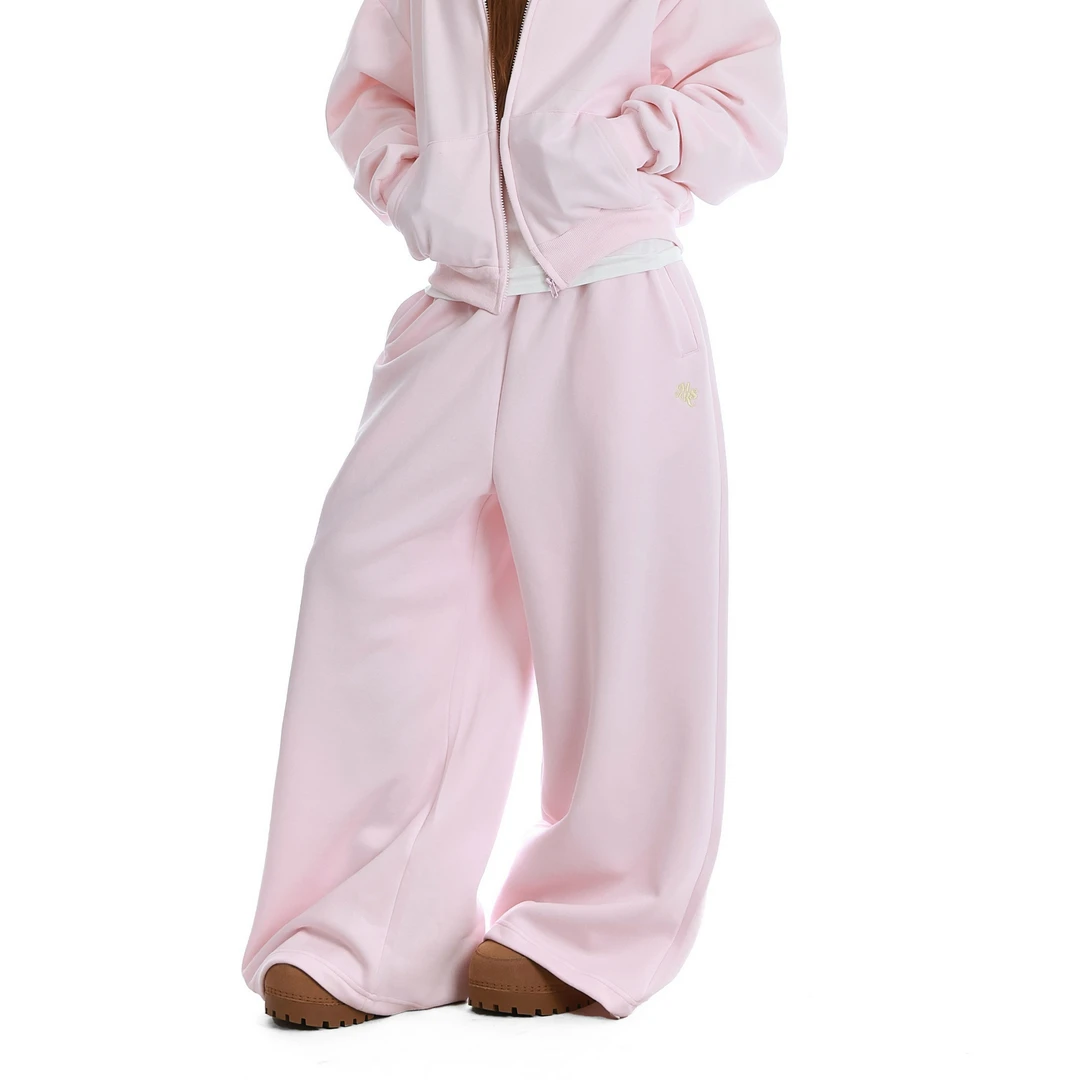 美式粉色卫裤女秋冬宽松慵懒风加绒裤子休闲直筒拖地阔腿裤