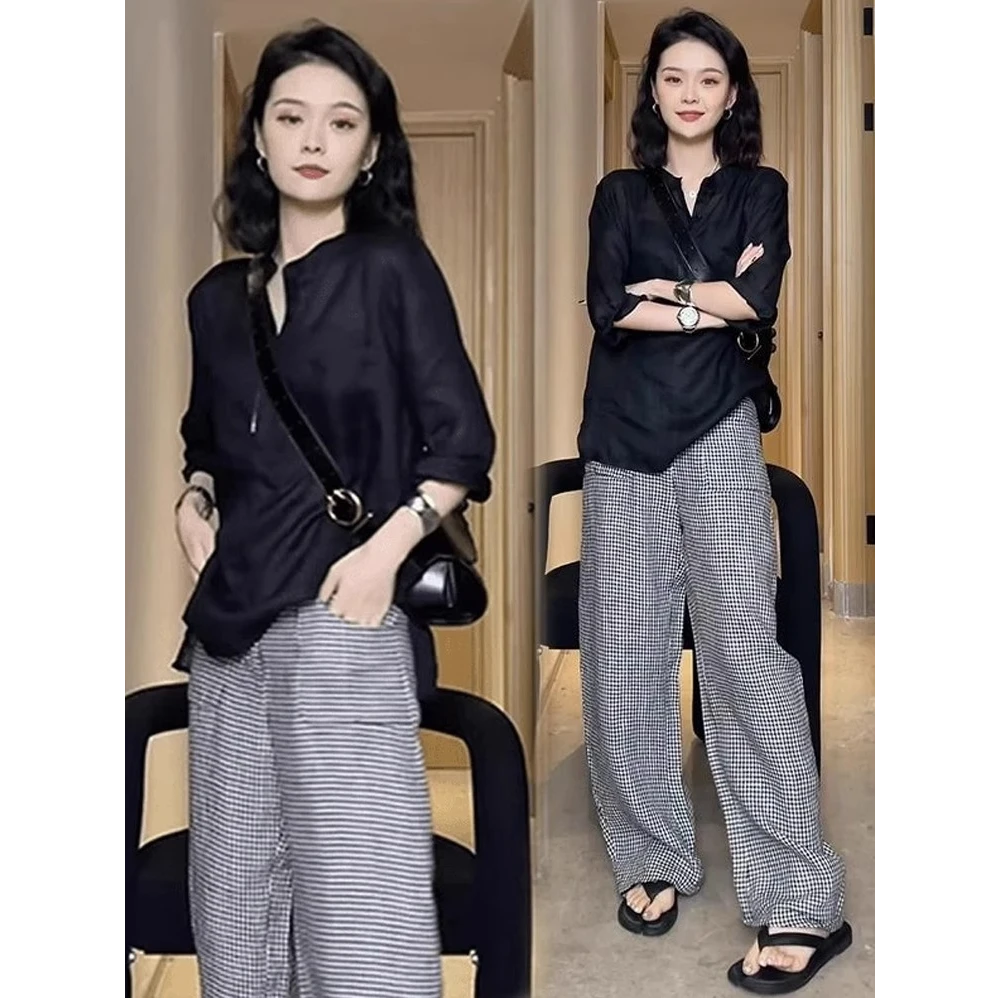 时尚套装女2025夏季新款时髦洋气宽松防晒衬衫格子阔腿裤两件套潮