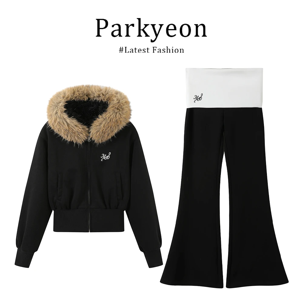 MARIE.COCO美式复古毛领加绒卫衣外套女2025秋冬翻边微喇裤套装