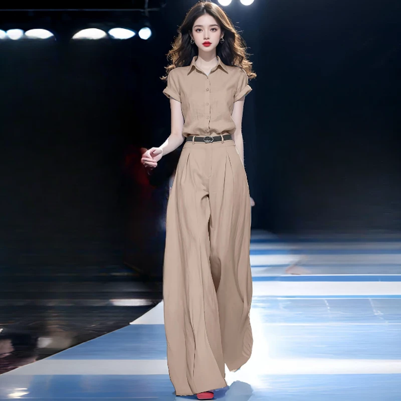 时尚气质套装女2025夏季新款洋气时髦短袖衬衫高腰阔腿裤两件套潮
