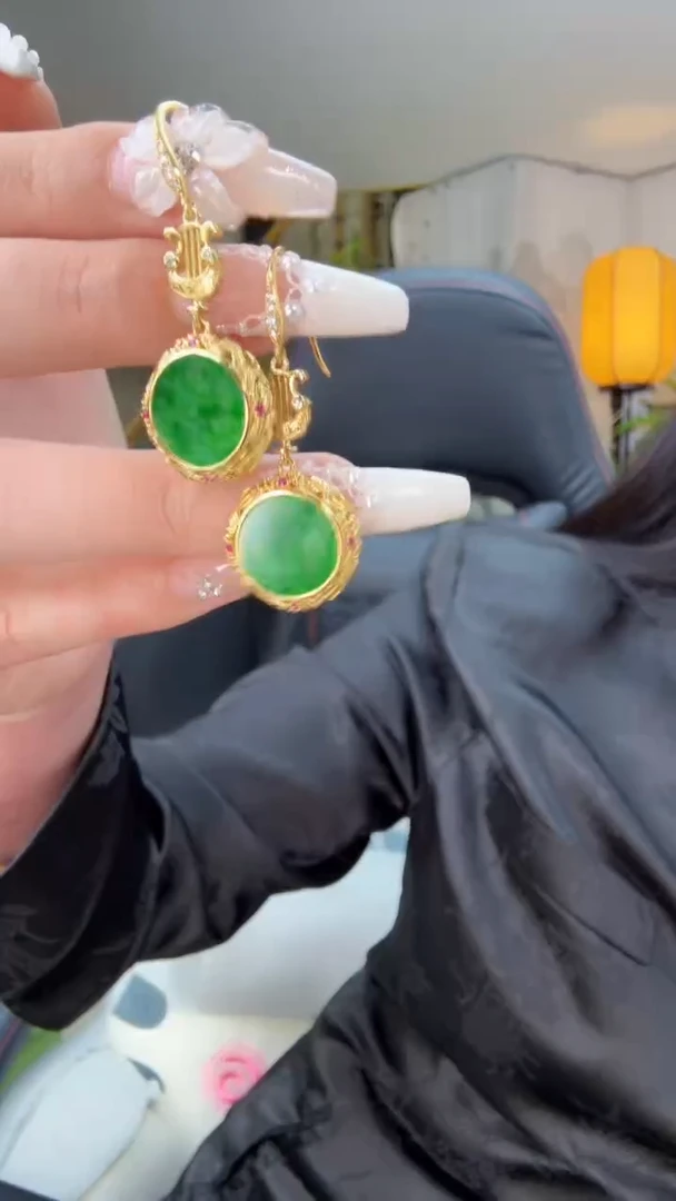 【闪购商品】翡翠耳饰银S925镀金镶嵌天然缅甸翡翠A货耳钩