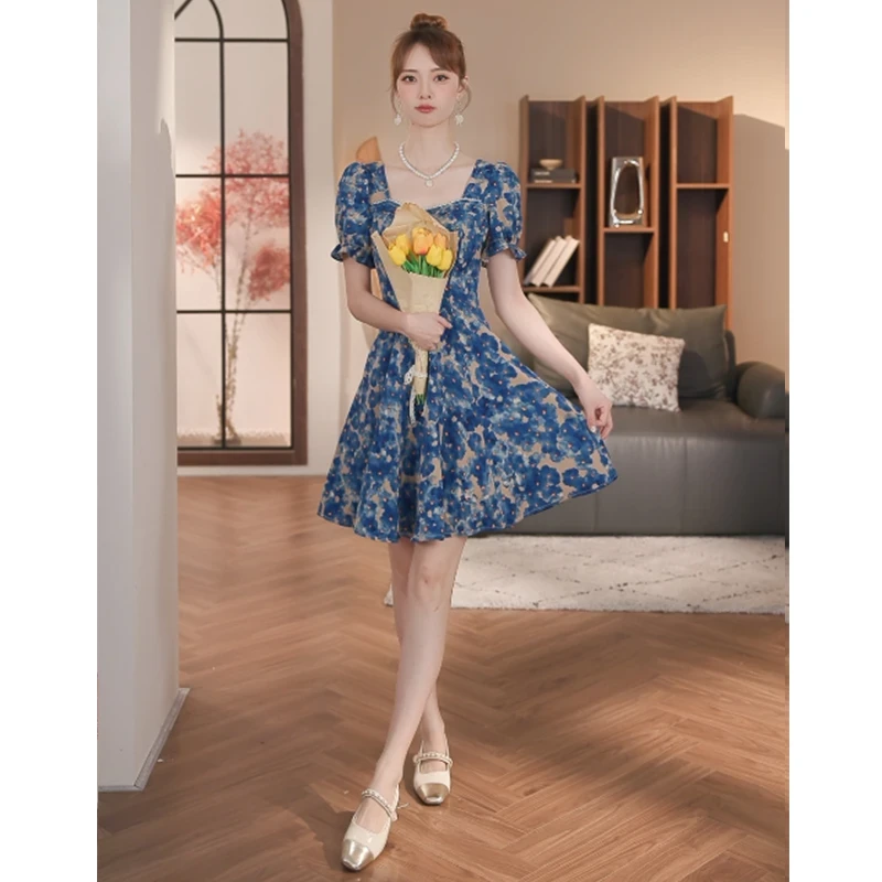 【长短款】2025新款i法式时尚碎花短袖收腰显瘦女装连衣裙子1597