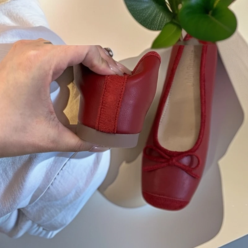 小个子内增高方头红色平底单鞋女夏季新款蝴蝶结芭蕾风复古豆豆鞋