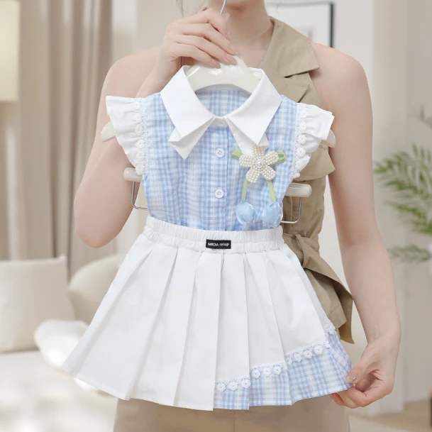 【儿童节】2025夏季女童高级蓝色郁金香上衣短裤学院风套装SA3122