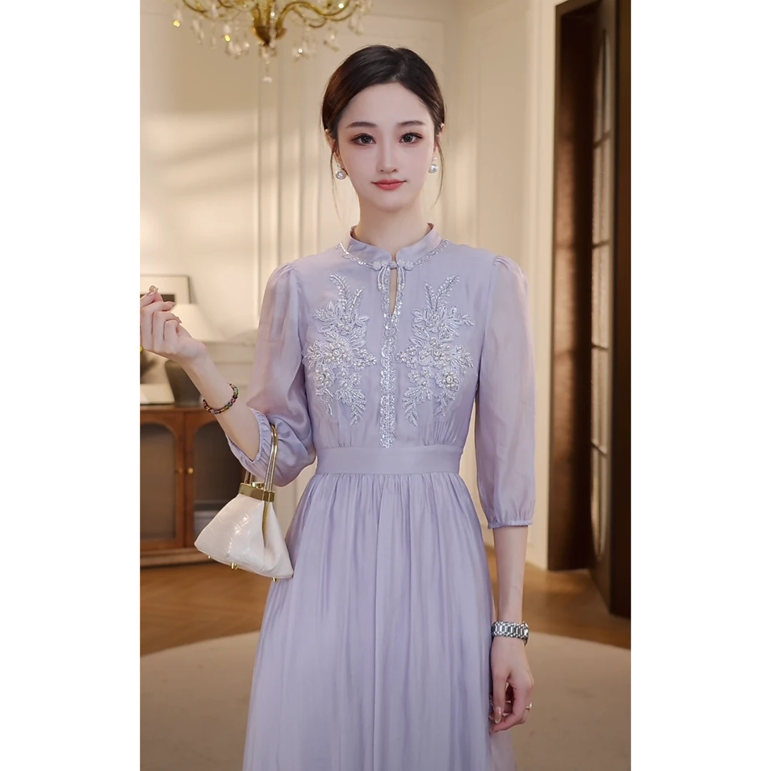 【双双&GERTCOREL】紫玉瑶光 新中式简约风七分袖连衣裙 XJ252L1001