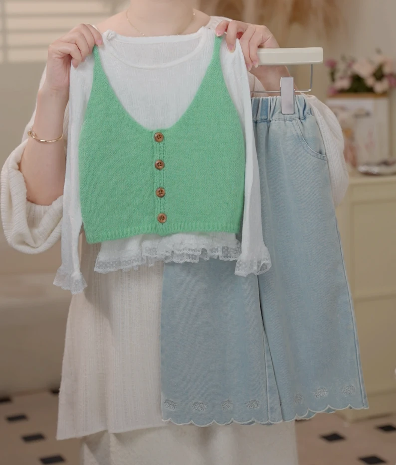 2025春季韩版儿童吊带针织马甲蕾丝花边内搭套装时尚25319C