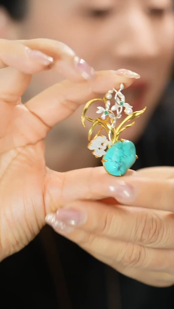 银S925镶嵌绿松石颈饰胸针