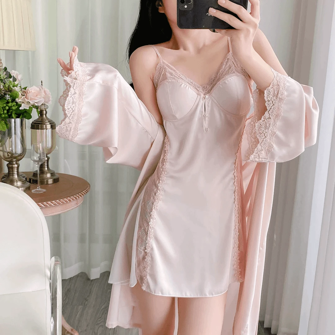 【念念不忘】2025性感睡衣女春夏款性感v领冰丝蕾丝吊带睡袍两件套