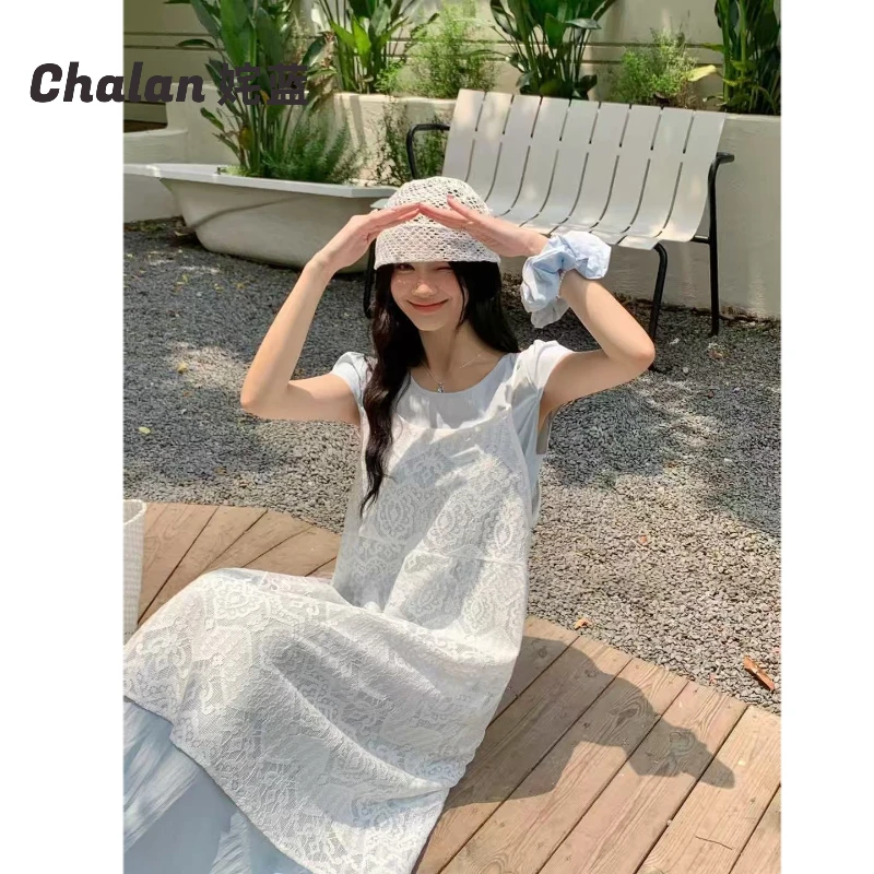 6635【马琦尧专属】Chalan姹蓝 法式蕾丝罩衫宽松叠穿套装两件套