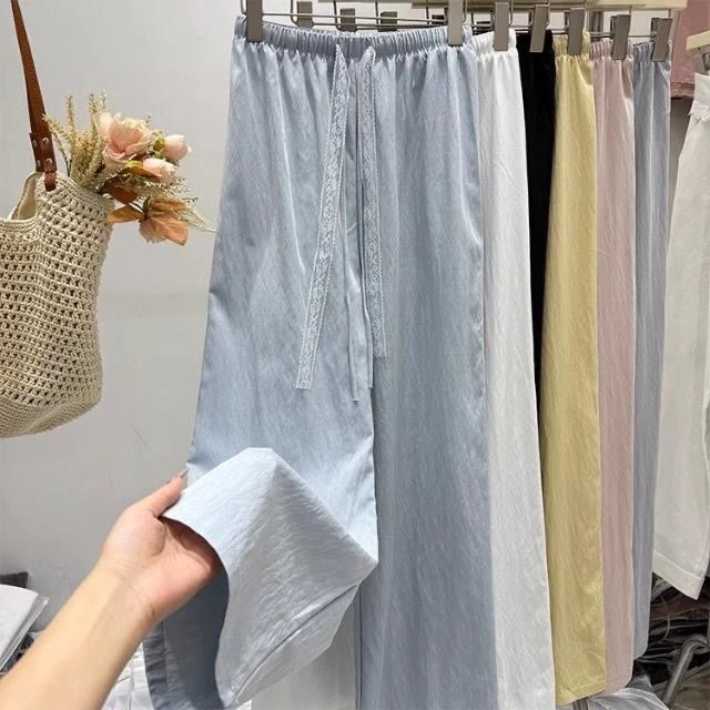 K713多巴胺蕾丝抽绳窄板阔腿裤女夏季垂感显瘦直筒休闲裤长裤高腰