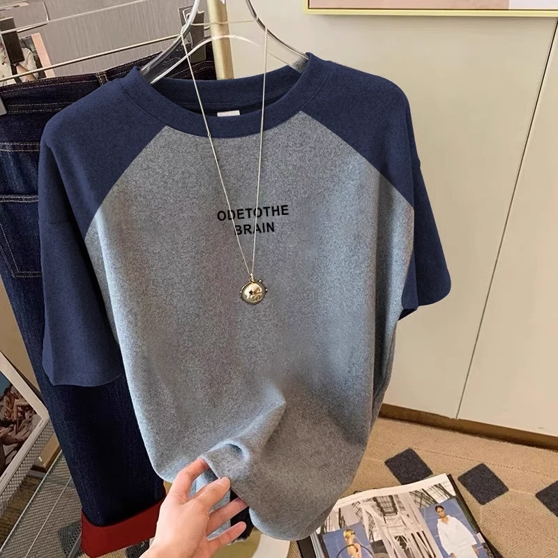 欧货短袖撞色t恤女薄款夏季韩版潮插肩圆领半袖女士体恤上衣纯棉