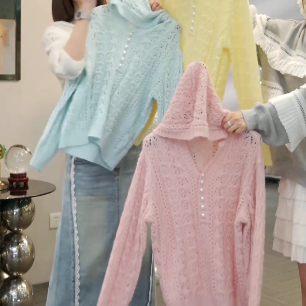 【长春万古】早春新款时尚气质百搭休闲宽松连帽长袖毛衣针织开衫