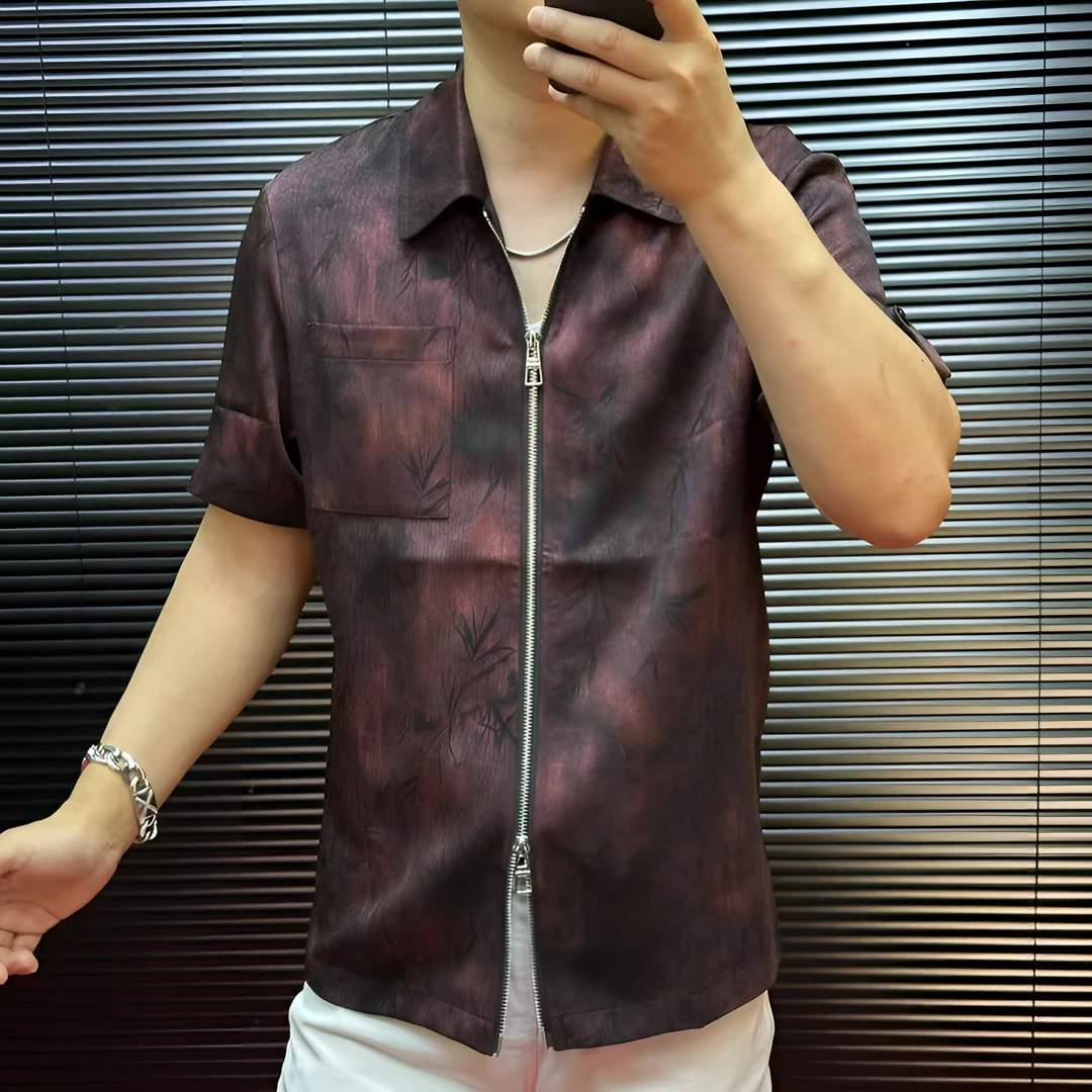 FLD甄选25新款冰丝免烫高品质翻领夏季拉链印花短袖夹克衫95309