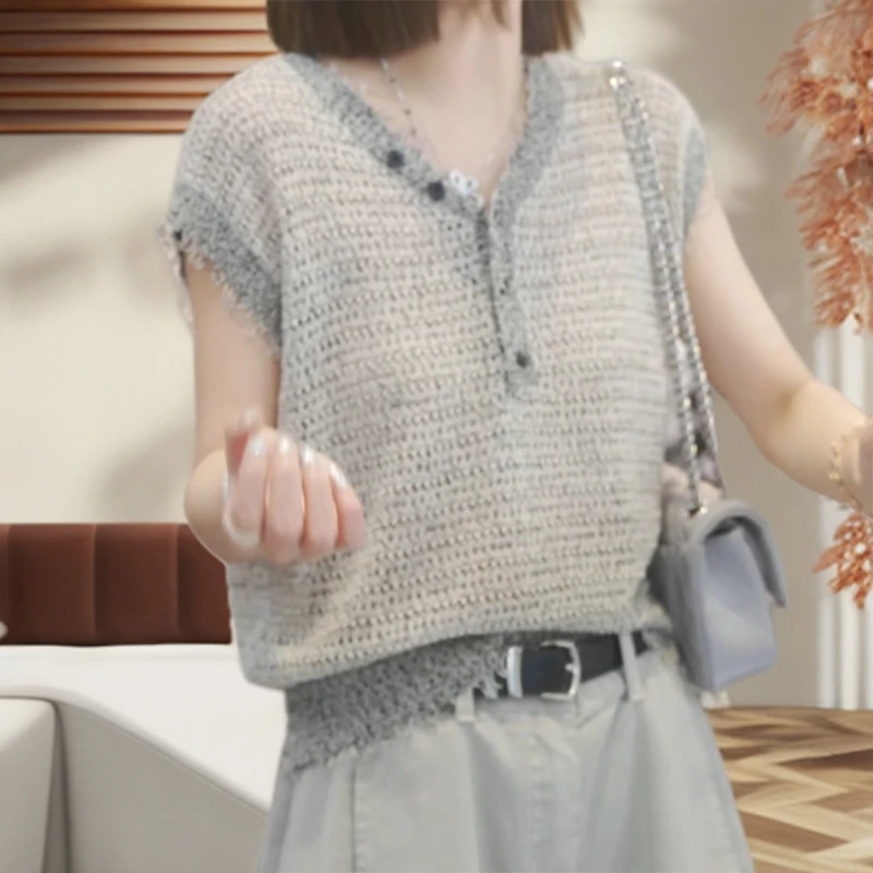 B【晨雾流动】2025夏季新款时尚休闲设计师毛衣上衣C5235