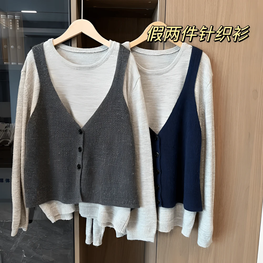 大码女装松弛感假两件长袖针织衫秋季微胖mm宽松休闲独特别致上衣