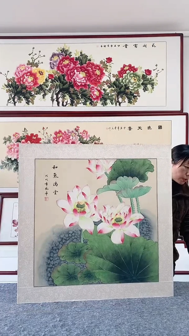 国画纯手绘国画85*85带框装饰挂画