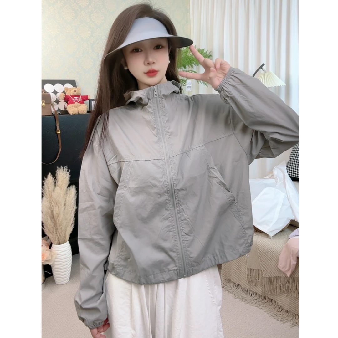 夏季短款防晒透气长袖女短外套户外时尚外套风衣宽松小个子防晒服