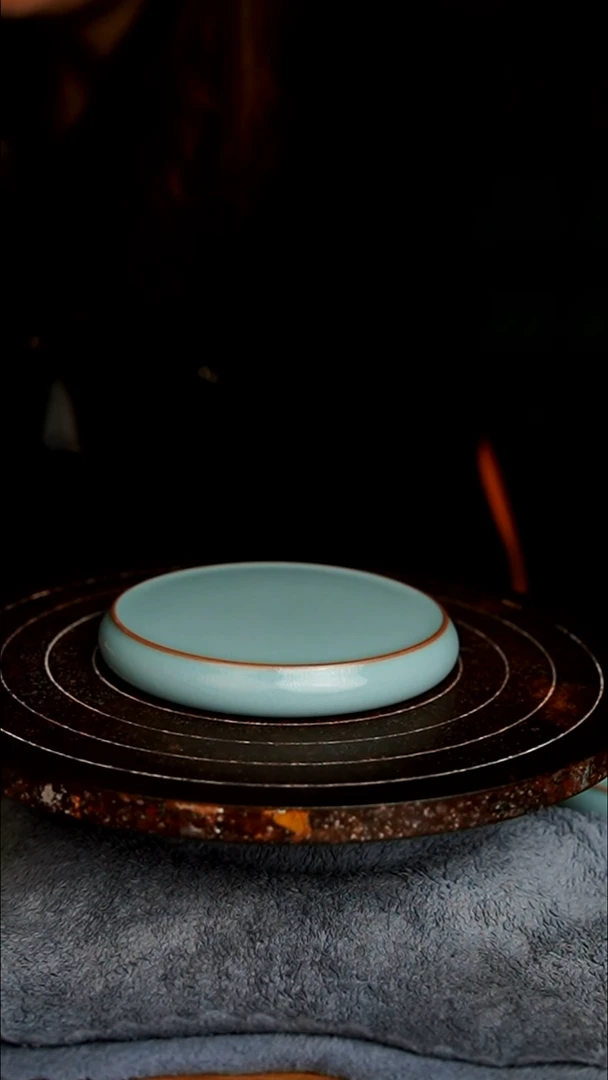 杯天青釉纯素面杯垫开片