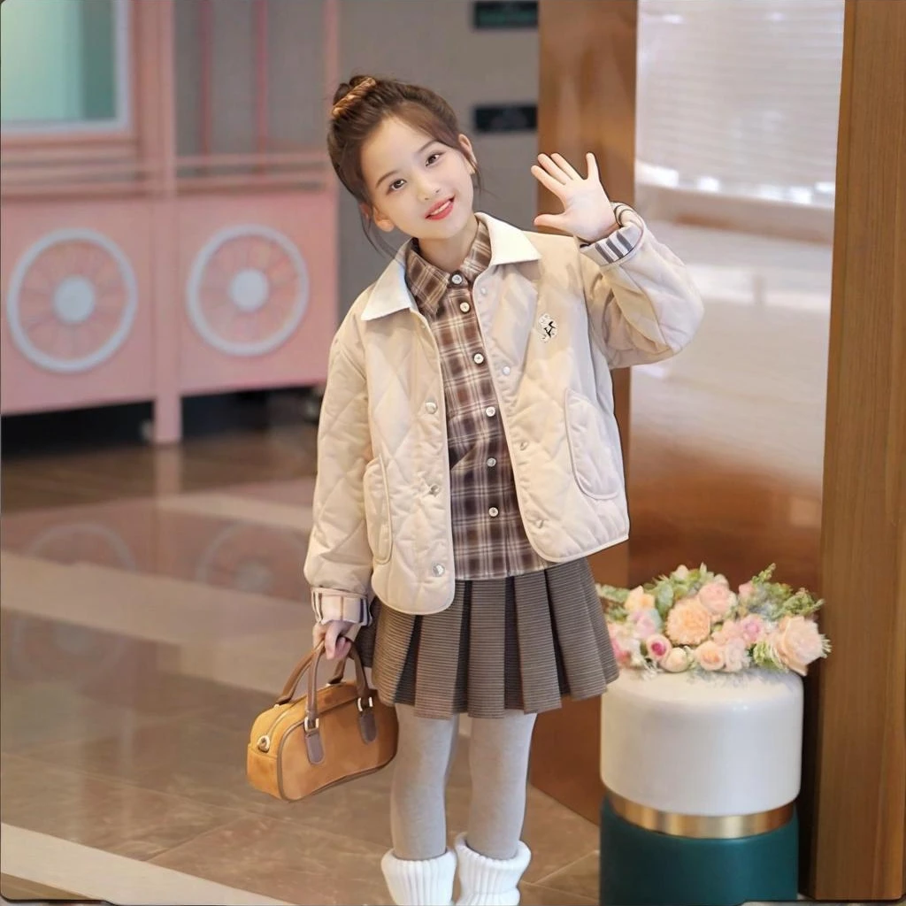 媛媛公主2025冬季新品女童洋气菱形格保暖棉服15316Q403
