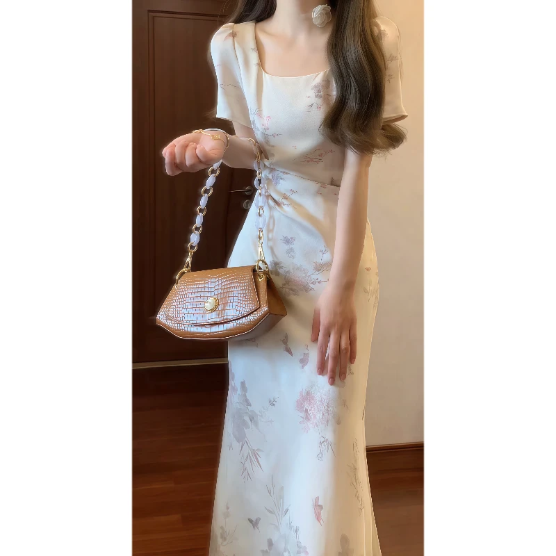 【彩琉璃】国风新中式方领碎花连衣裙收腰抽褶显瘦气质长裙9614
