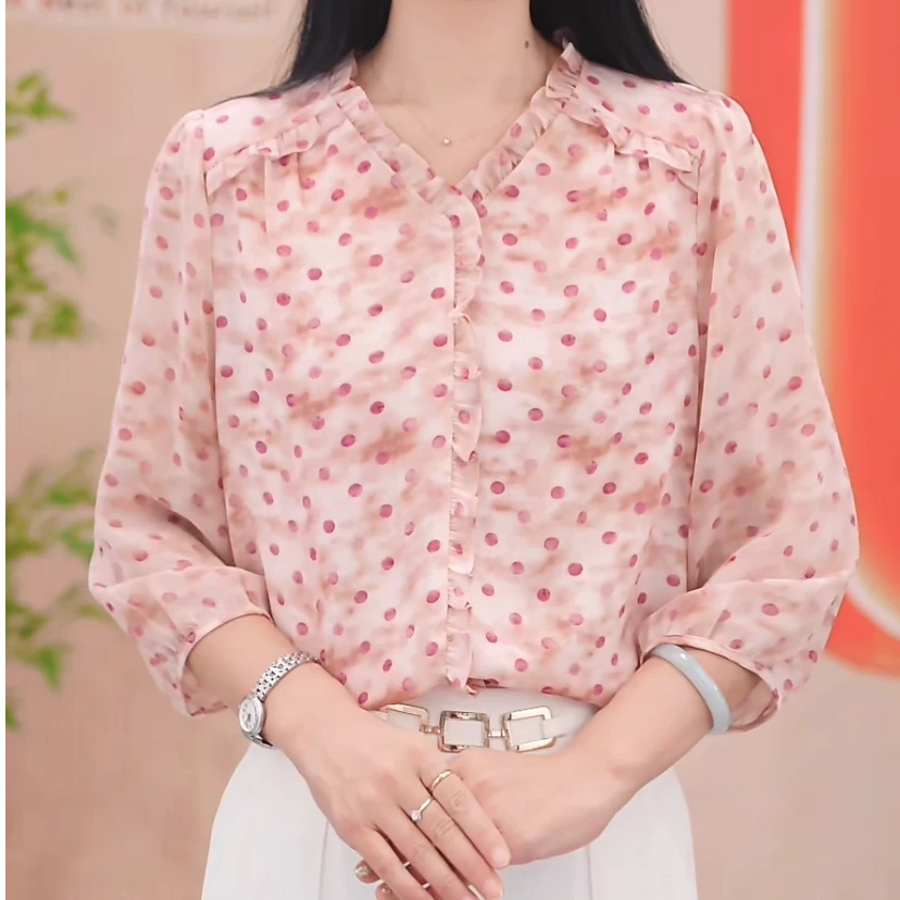【粉波点】2025年早秋新款七分袖百搭清爽时尚减龄气质显瘦衬衫女
