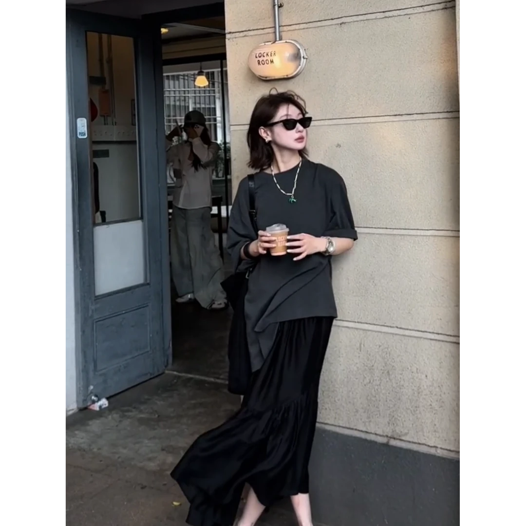 MARIE.COCOootd穿搭高级松弛感慵懒风独特漂亮T恤鱼尾半身裙套装