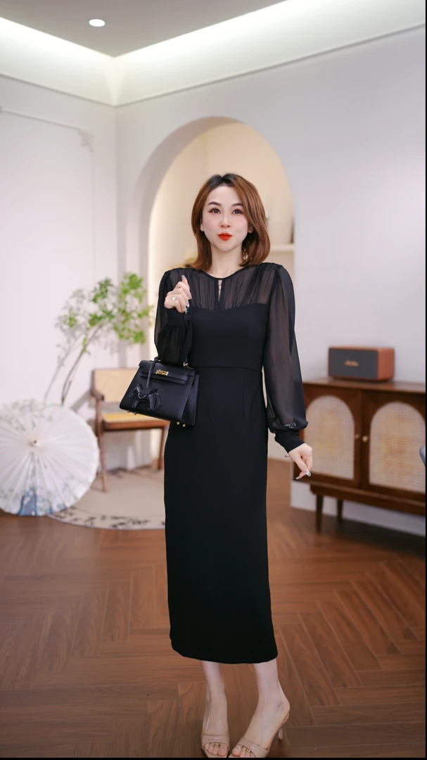 MG076 时尚显瘦气质长袖黑色法式连衣裙裙套装通勤裙