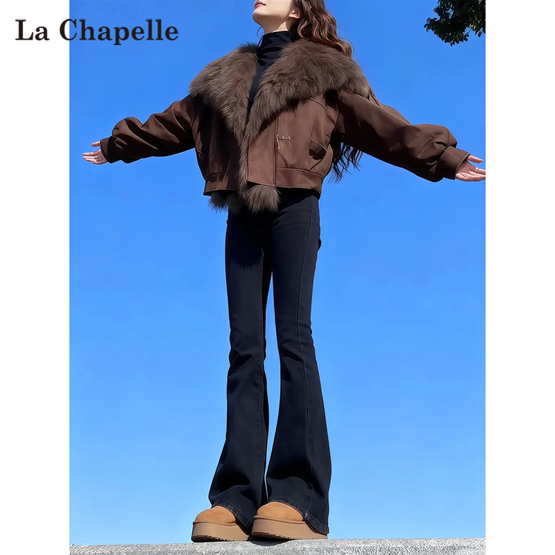 拉夏贝尔黑色微喇牛仔裤女2025新款秋冬加绒小个子高腰显瘦喇叭裤