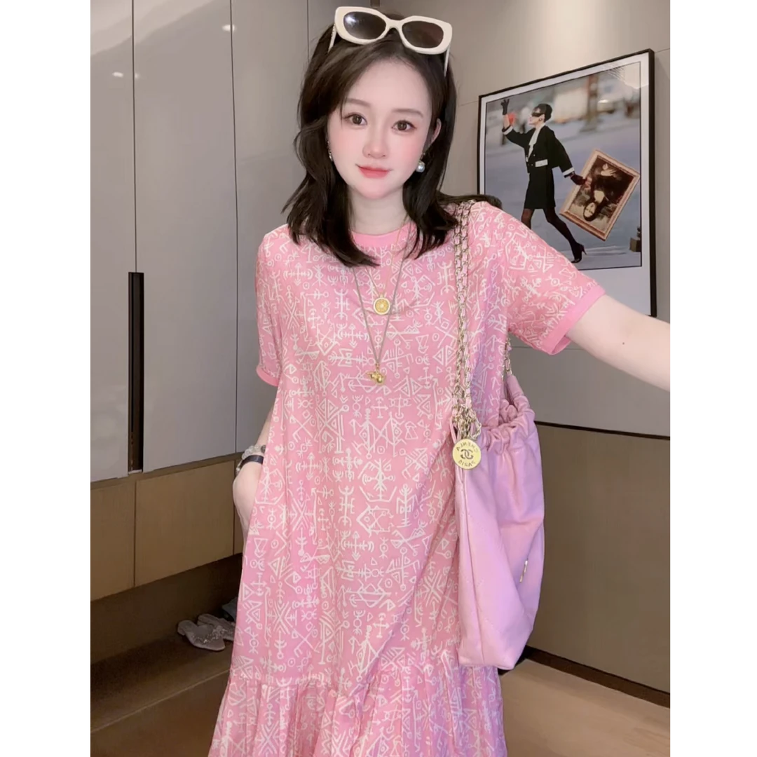 【丝芙玉禄】（S423）真丝圆领符号粉色印花气质桑蚕丝女装连衣裙