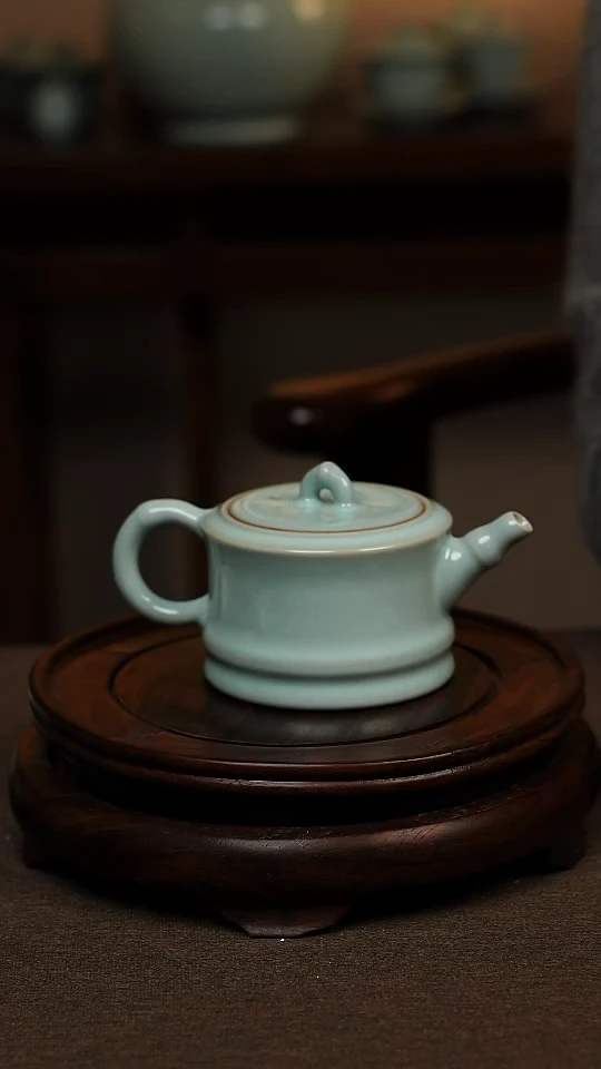 瓷片天青色全手工竹节壶180ml微瑕不带礼盒