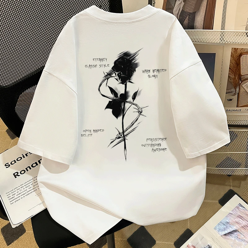 凉感冰丝短袖vibe印花玫瑰花短袖t恤男高街ins潮牌宽松休闲夏季