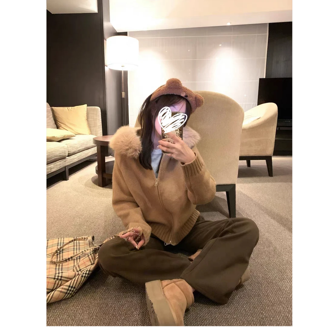 「小狐狸来信」慵懒风毛衣外套女新款宽松连帽针织开衫外套#w8540