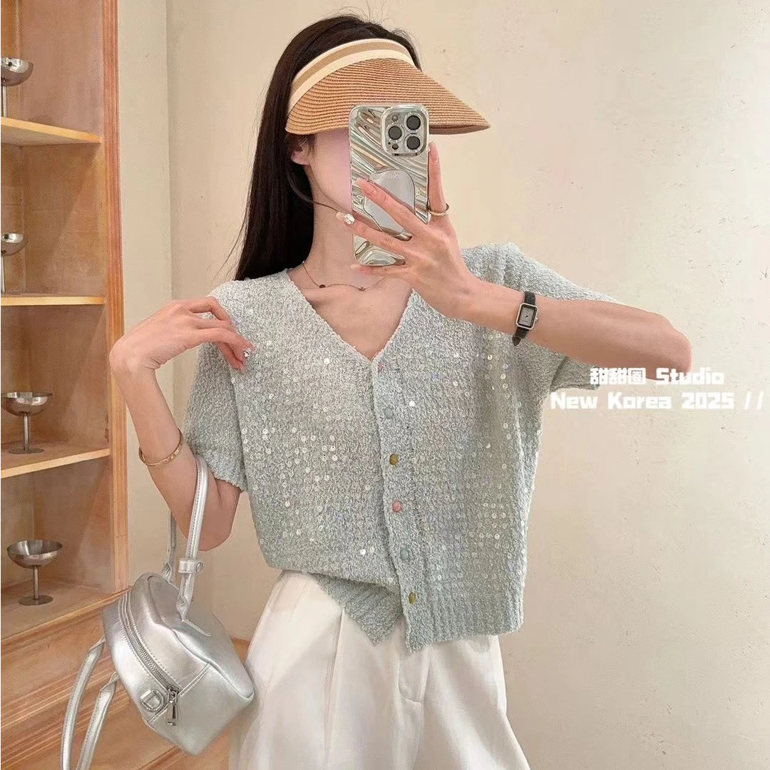 小香风轻奢亮片针织开衫女彩扣V领薄毛衣外套短袖早春chic上衣