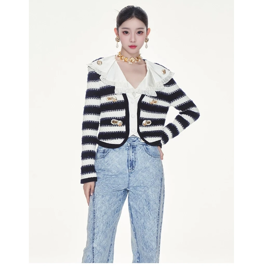 【CG-Y】新款蓝白条纹珍珠盘扣珍珠外套毛衣开衫女