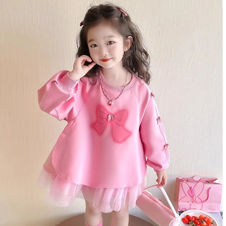女公主裙纯色连衣裙儿童中童卫衣裙女孩女宝春季韩版春装秋季长袖